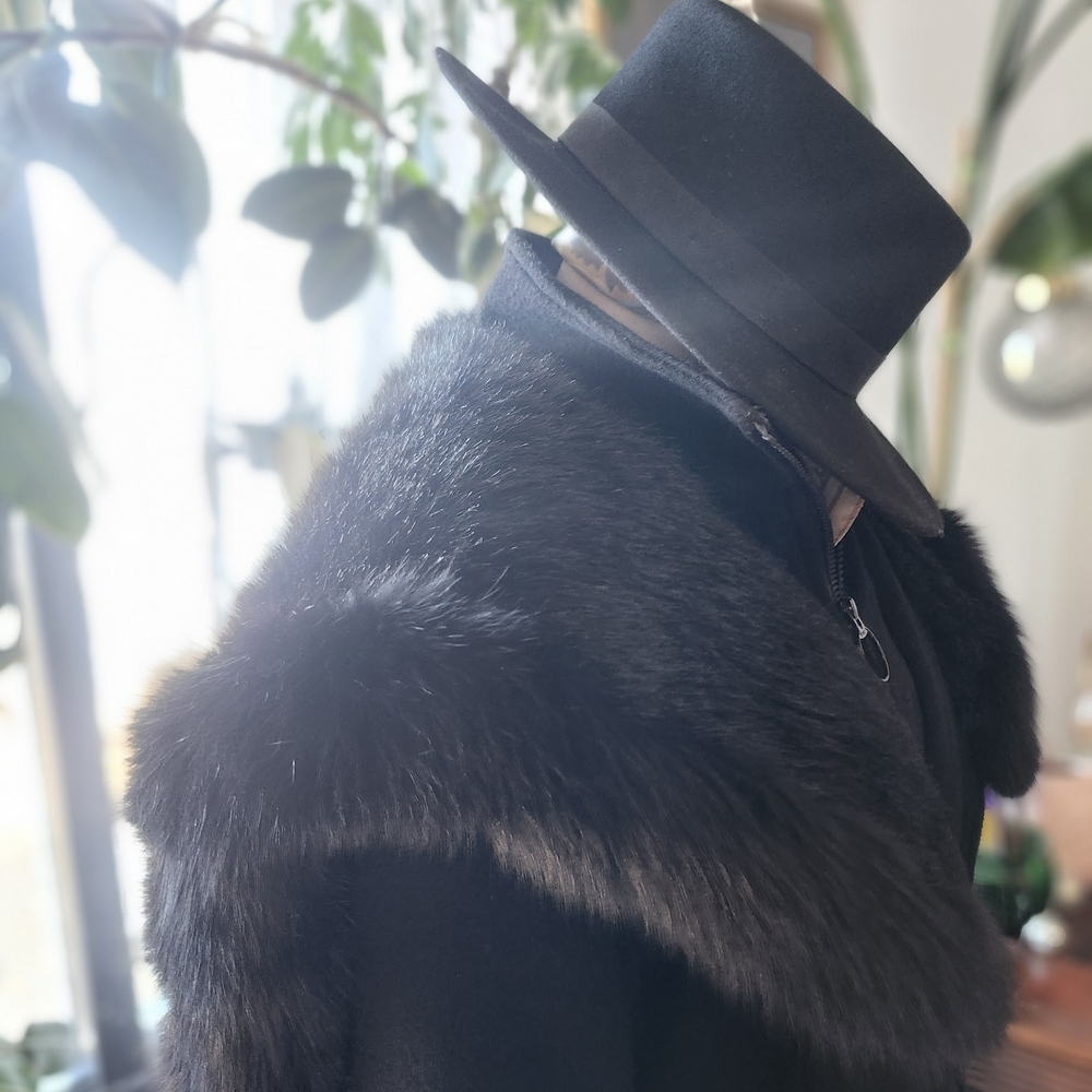 SAGA 80s 90s VINTAGE Elegant Black Fox Fur-Trimmed Women's Coat Cashmere WOOL Lg - Picture 15 of 16